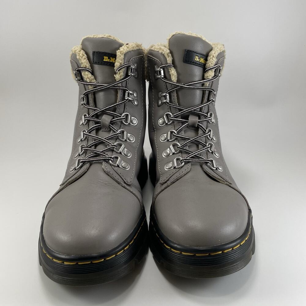 Dr. Martens Doc W FL Combs Faux Fur Combat Boots Womens Size 8 Gray Leather - Picture 2 of 11